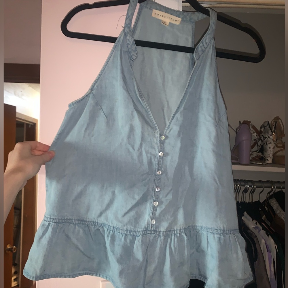 Denim tank top with button and ruffle detail